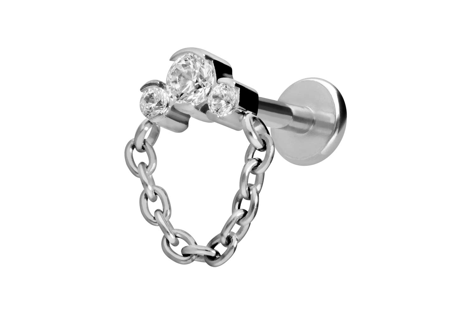 Titan Labret Piercing mit Innengewinde 3 EINGEFASSTE KRISTALLE + KETTE